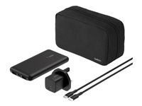 Belkin BoostCharge - Strömförsörjningsbank + växelströmsadapter - 10000 mAh - 3 utdatakontakter (24 pin USB-C, 2 x USB) - på kabel: USB-C - Storbritannien - med fickfodral med dragkedja BU041MYBK
